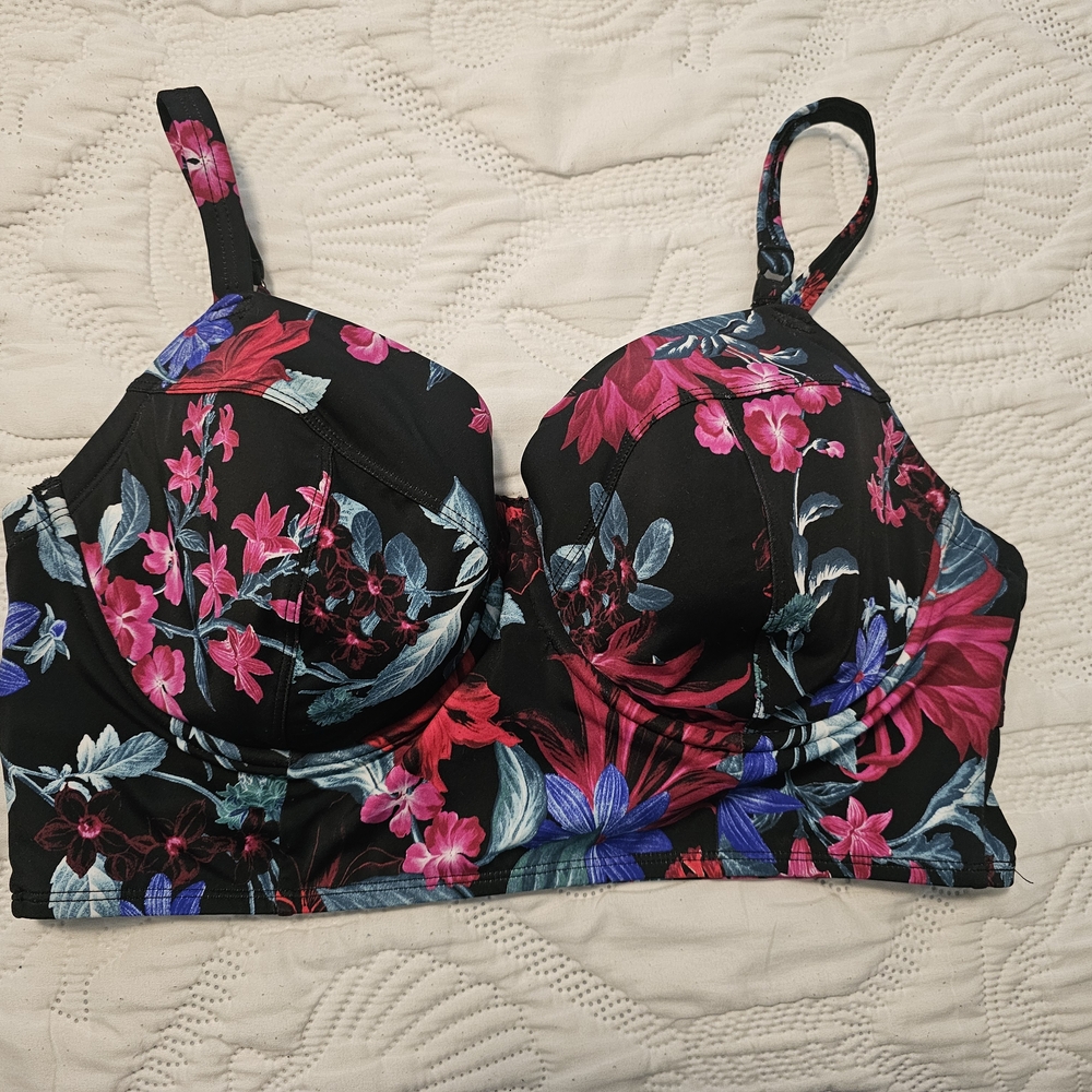 Torrid Black and Pink Floral Bikini Top with Adjustable Straps